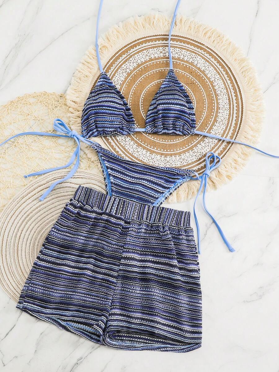 Women's 3-Piece Boho Crochet Bikini Set - Drawstring Cover-Up, Halter, Shorts, Royal Blue