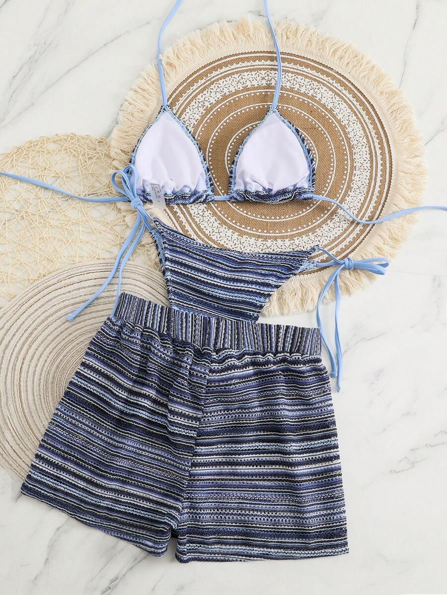 Women's 3-Piece Boho Crochet Bikini Set - Drawstring Cover-Up, Halter, Shorts, Royal Blue