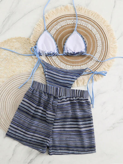 Women's 3-Piece Boho Crochet Bikini Set - Drawstring Cover-Up, Halter, Shorts, Royal Blue
