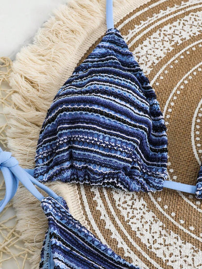 Women's 3-Piece Boho Crochet Bikini Set - Drawstring Cover-Up, Halter, Shorts, Royal Blue