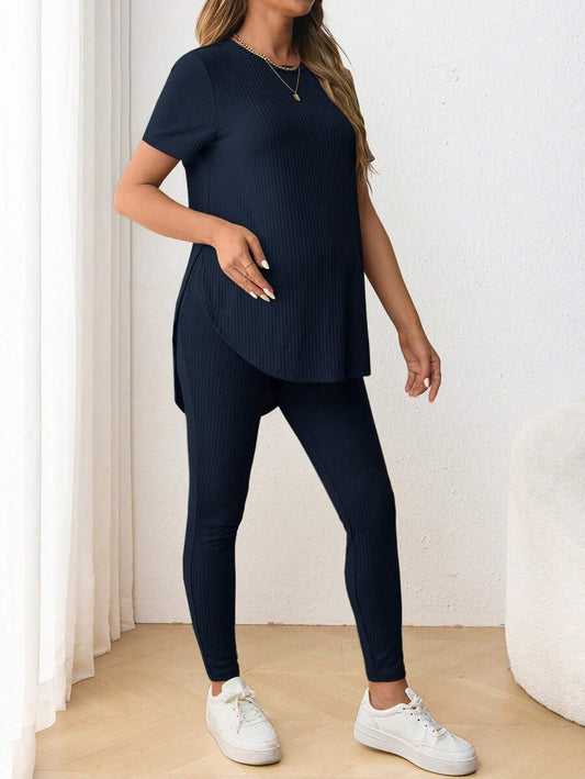 Navy Blue Maternity 2-Piece Set with Side Slit Short Sleeve Tee and Adjustable Waist Loose Legging Pants