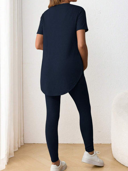 Navy Blue Maternity 2-Piece Set with Side Slit Short Sleeve Tee and Adjustable Waist Loose Legging Pants
