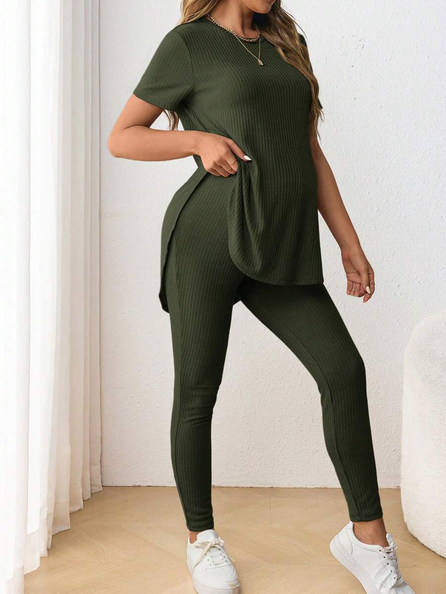 Navy Blue Maternity 2-Piece Set with Side Slit Short Sleeve Tee and Adjustable Waist Loose Legging Pants