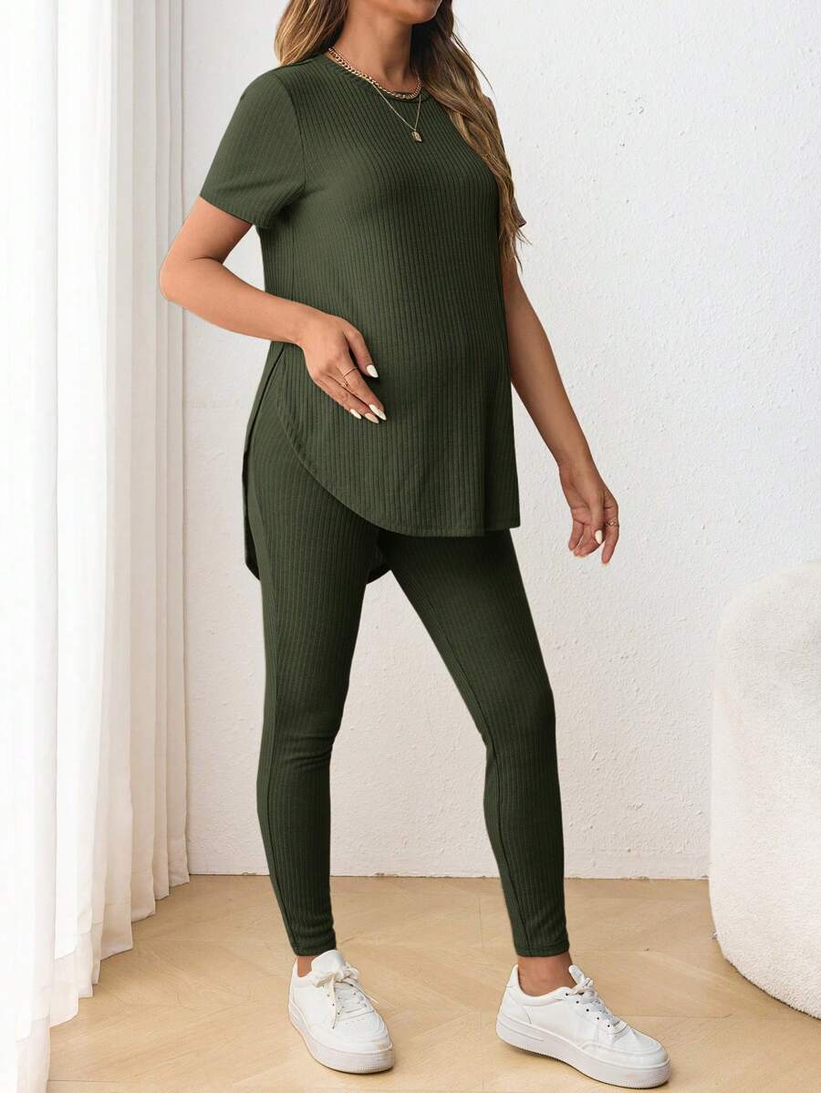 Navy Blue Maternity 2-Piece Set with Side Slit Short Sleeve Tee and Adjustable Waist Loose Legging Pants