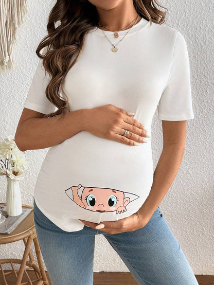 Maternity Cartoon Animal Print Short Sleeve T-Shirt - Blue Round Neck Ruched Side Casual Knit Top for Daily Wear