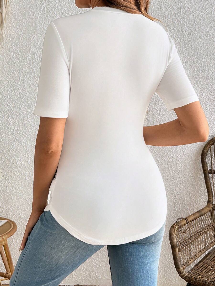 Maternity Cartoon Animal Print Short Sleeve T-Shirt - Blue Round Neck Ruched Side Casual Knit Top for Daily Wear