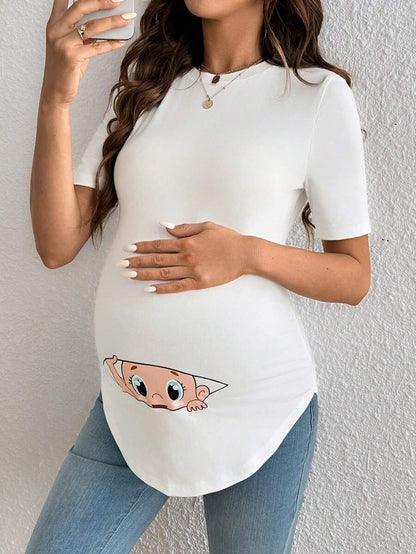 Maternity Cartoon Animal Print Short Sleeve T-Shirt - Blue Round Neck Ruched Side Casual Knit Top for Daily Wear