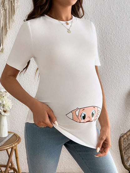 Maternity Cartoon Animal Print Short Sleeve T-Shirt - Blue Round Neck Ruched Side Casual Knit Top for Daily Wear