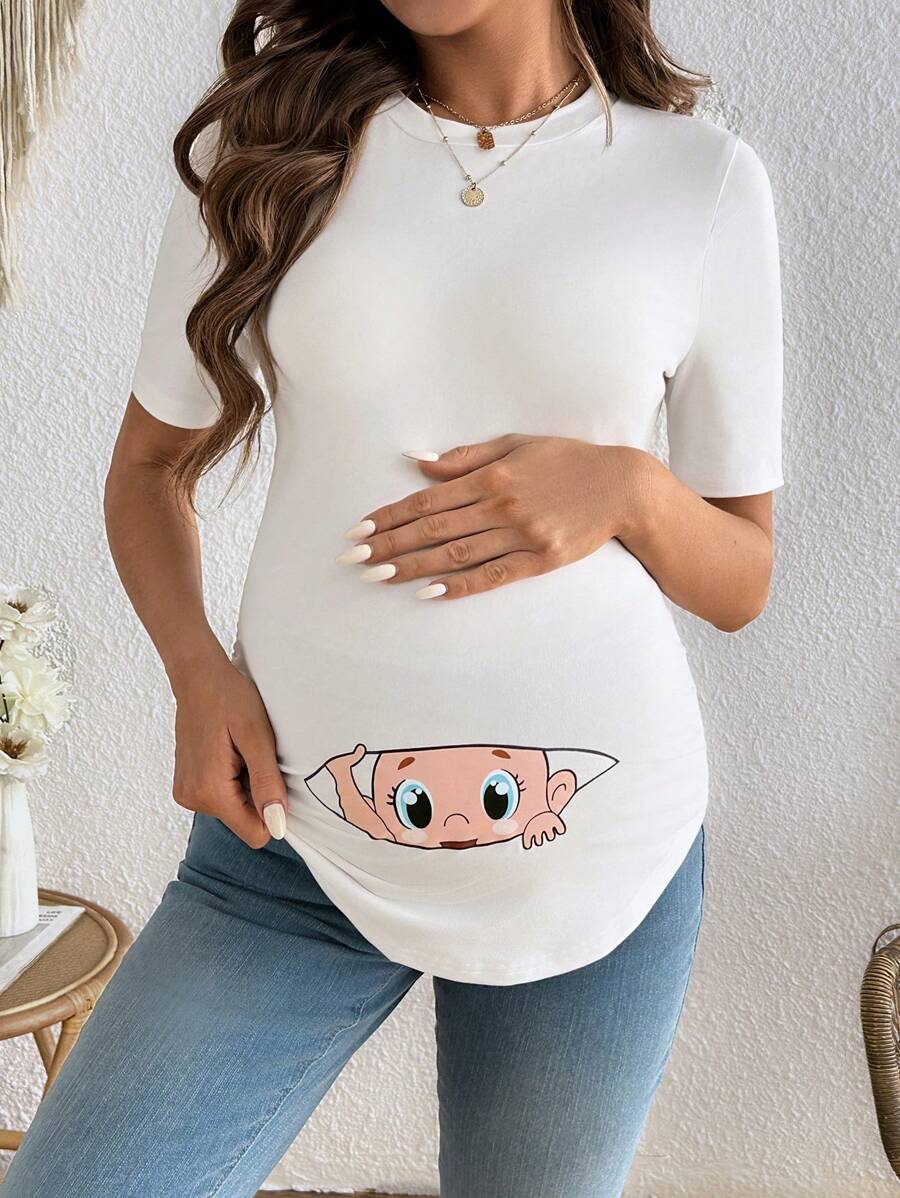 Maternity Cartoon Animal Print Short Sleeve T-Shirt - Blue Round Neck Ruched Side Casual Knit Top for Daily Wear