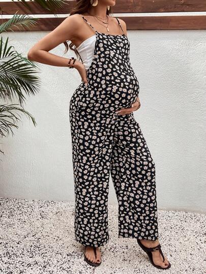 Maternity Floral Jumpsuit - Spaghetti Strap, Backless, Boho, Loose Fit, Yellow