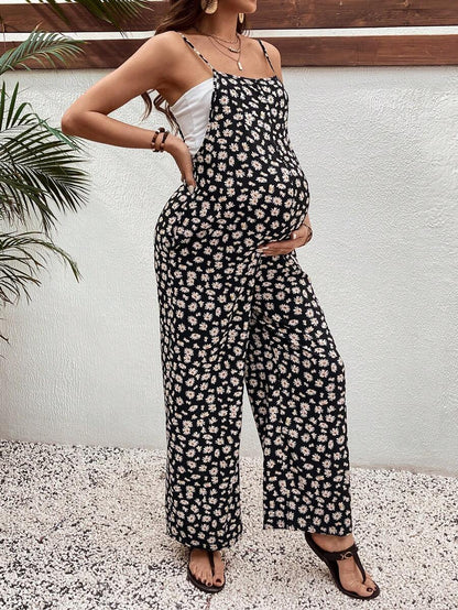 Maternity Floral Jumpsuit - Spaghetti Strap, Backless, Boho, Loose Fit, Yellow