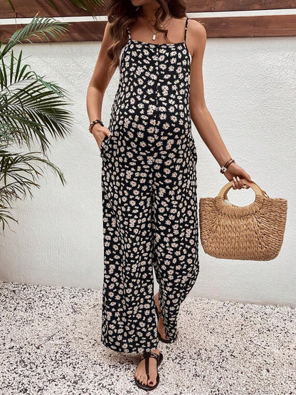 Maternity Floral Jumpsuit - Spaghetti Strap, Backless, Boho, Loose Fit, Yellow