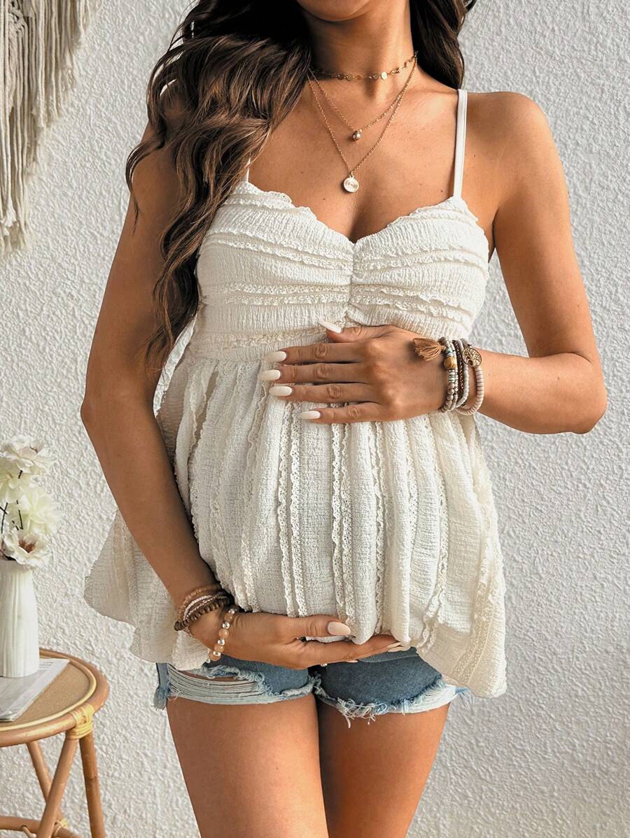Red Ruffle Hem Babydoll Maternity Cami Top - Slim Fit Ruched Spaghetti Strap Sleeveless Knitted Nursing Friendly Camisole