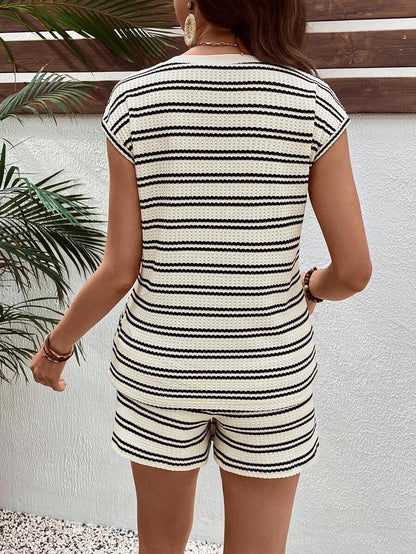 Maternity 2-Piece Striped Patchwork Loungewear Set Round Neck Batwing Sleeve Top and Adjustable Waist Shorts