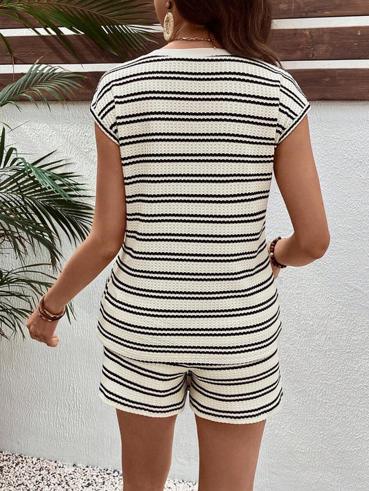 Maternity 2-Piece Striped Patchwork Loungewear Set Round Neck Batwing Sleeve Top and Adjustable Waist Shorts