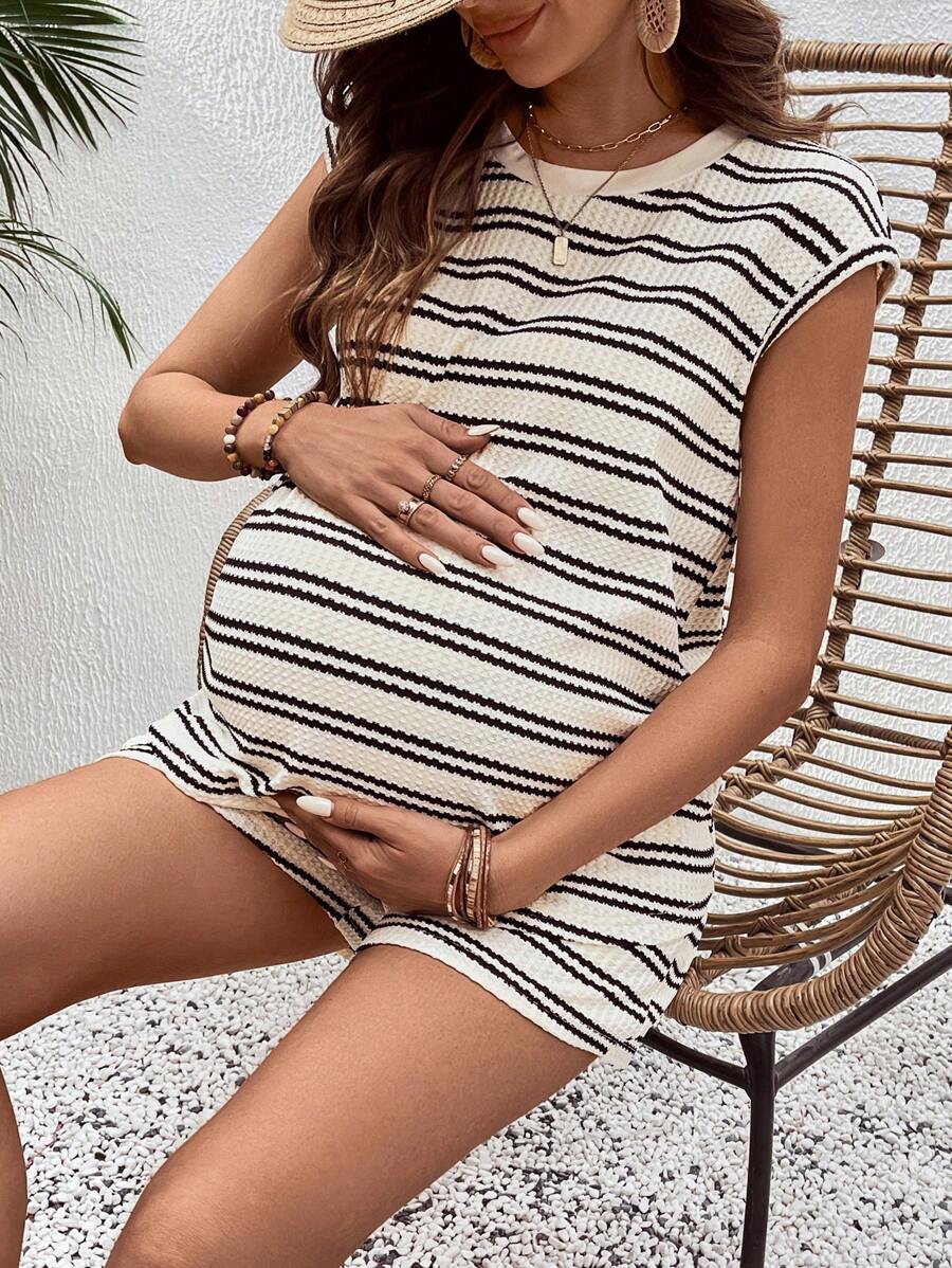 Maternity 2-Piece Striped Patchwork Loungewear Set Round Neck Batwing Sleeve Top and Adjustable Waist Shorts