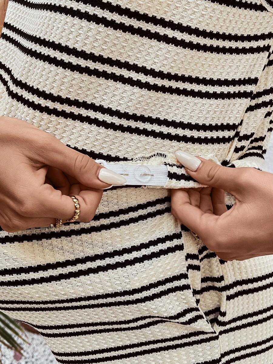 Maternity 2-Piece Striped Patchwork Loungewear Set Round Neck Batwing Sleeve Top and Adjustable Waist Shorts