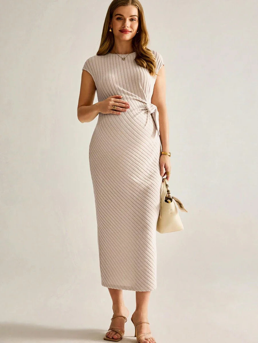 Maternity Knitted Ribbed Fitted Dress - Elegant Green Long Sleeve Solid Bodycon Gown for Baby Shower, Casual Wear & Photoshoot