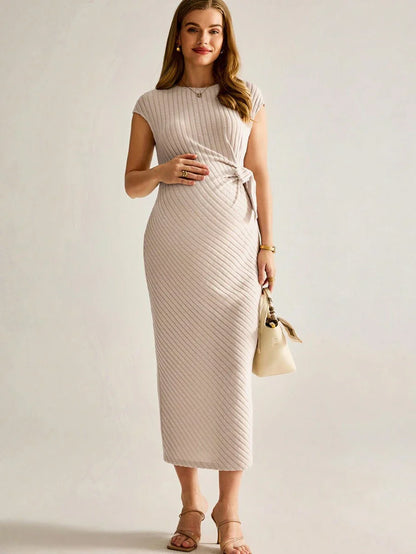 Maternity Knitted Ribbed Fitted Dress - Elegant Green Long Sleeve Solid Bodycon Gown for Baby Shower, Casual Wear & Photoshoot