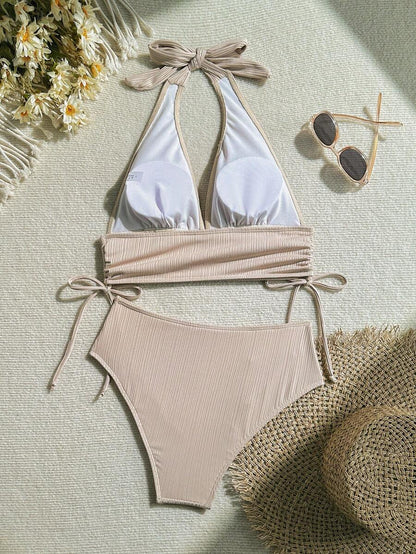 Swim Vcay Bathing Suits Women Women Solid Color Textured Drawstring Halter Top And Swim Bottom Bikini Set Bathing Suit, For Summer, Beach, Honeymoon, Travel, Vacation, Swimming Pool Summer Beach