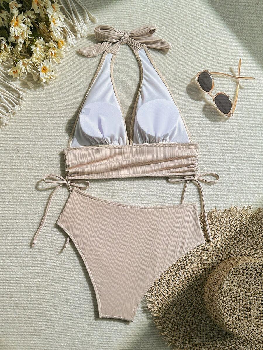 Women's Solid Textured Bikini Set - Halter, Backless, High Waist, Black