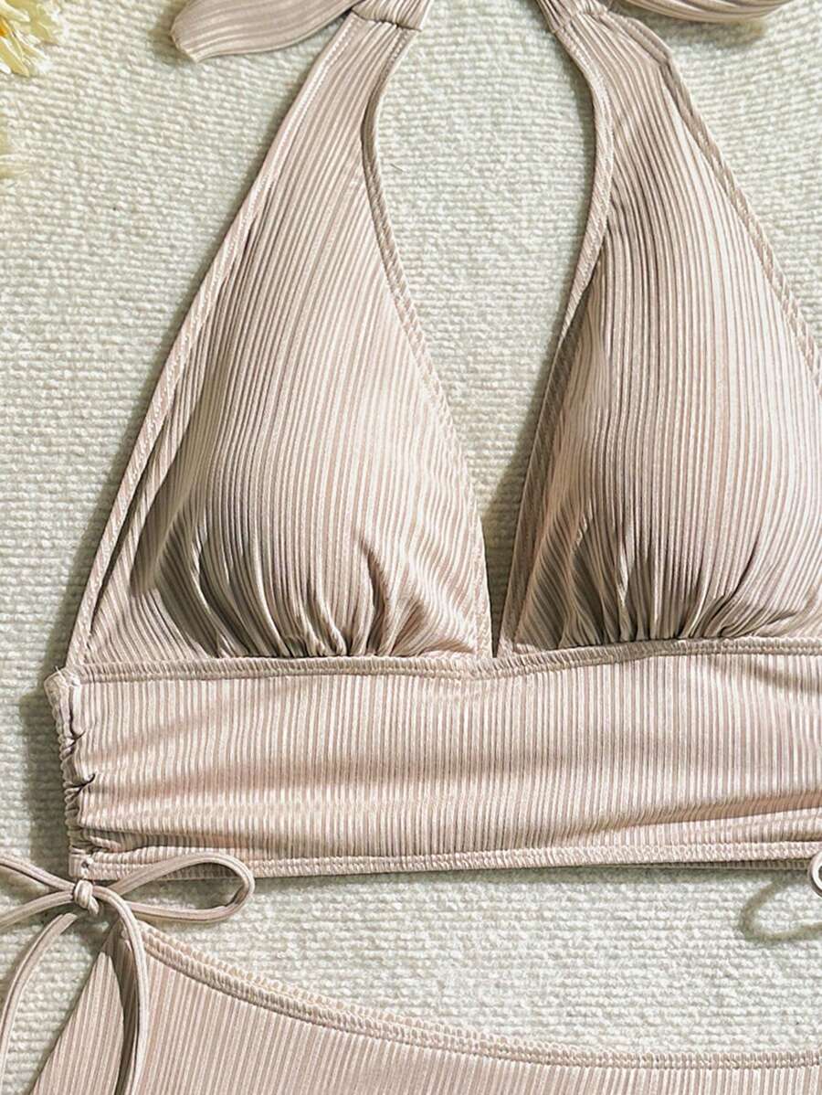 Swim Vcay Bathing Suits Women Women Solid Color Textured Drawstring Halter Top And Swim Bottom Bikini Set Bathing Suit, For Summer, Beach, Honeymoon, Travel, Vacation, Swimming Pool Summer Beach