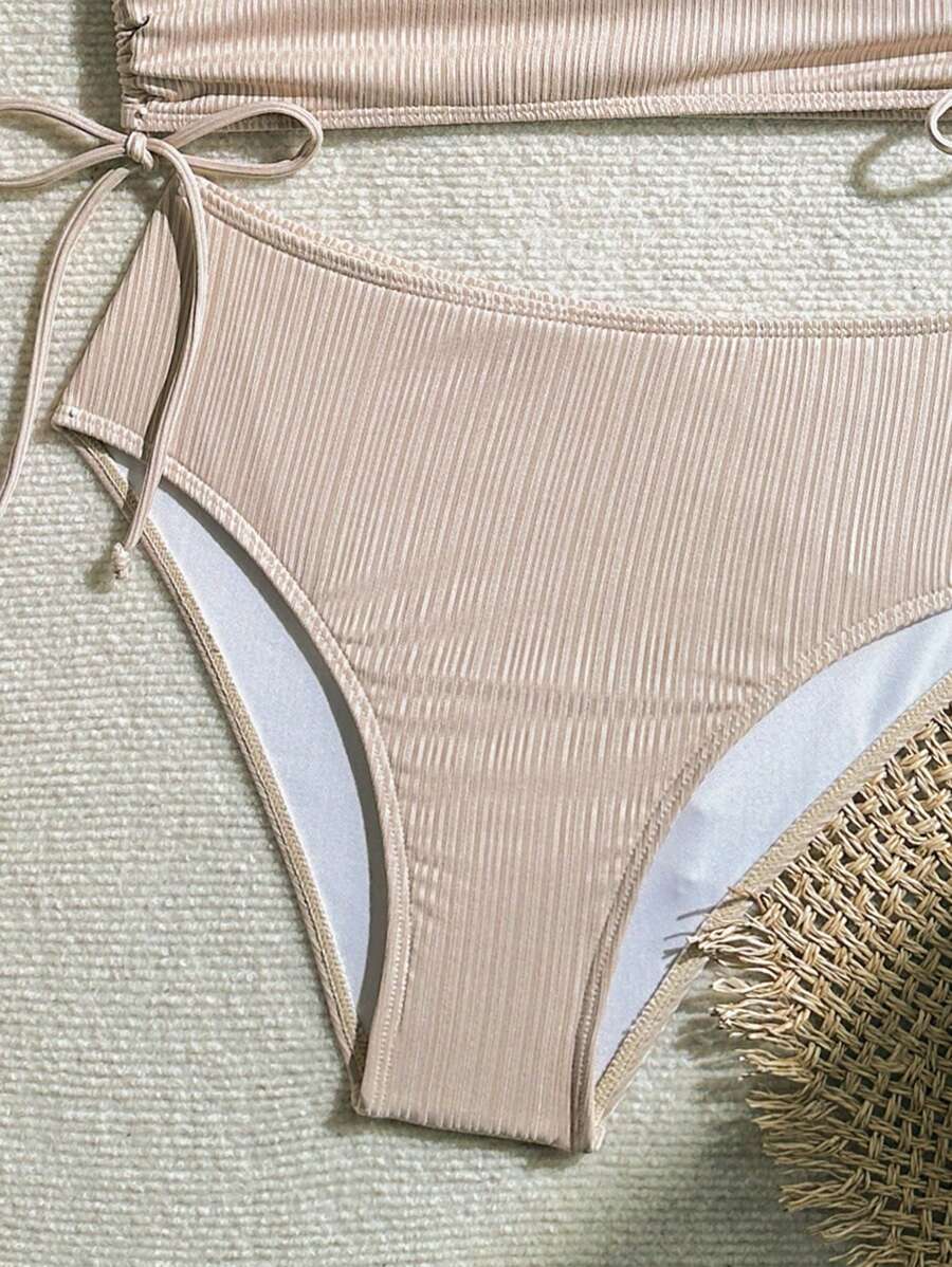 Swim Vcay Bathing Suits Women Women Solid Color Textured Drawstring Halter Top And Swim Bottom Bikini Set Bathing Suit, For Summer, Beach, Honeymoon, Travel, Vacation, Swimming Pool Summer Beach