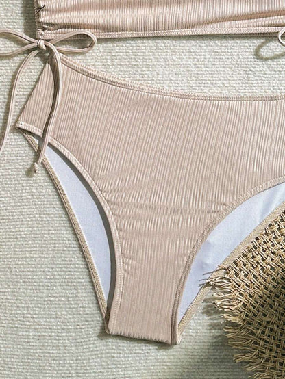 Swim Vcay Bathing Suits Women Women Solid Color Textured Drawstring Halter Top And Swim Bottom Bikini Set Bathing Suit, For Summer, Beach, Honeymoon, Travel, Vacation, Swimming Pool Summer Beach