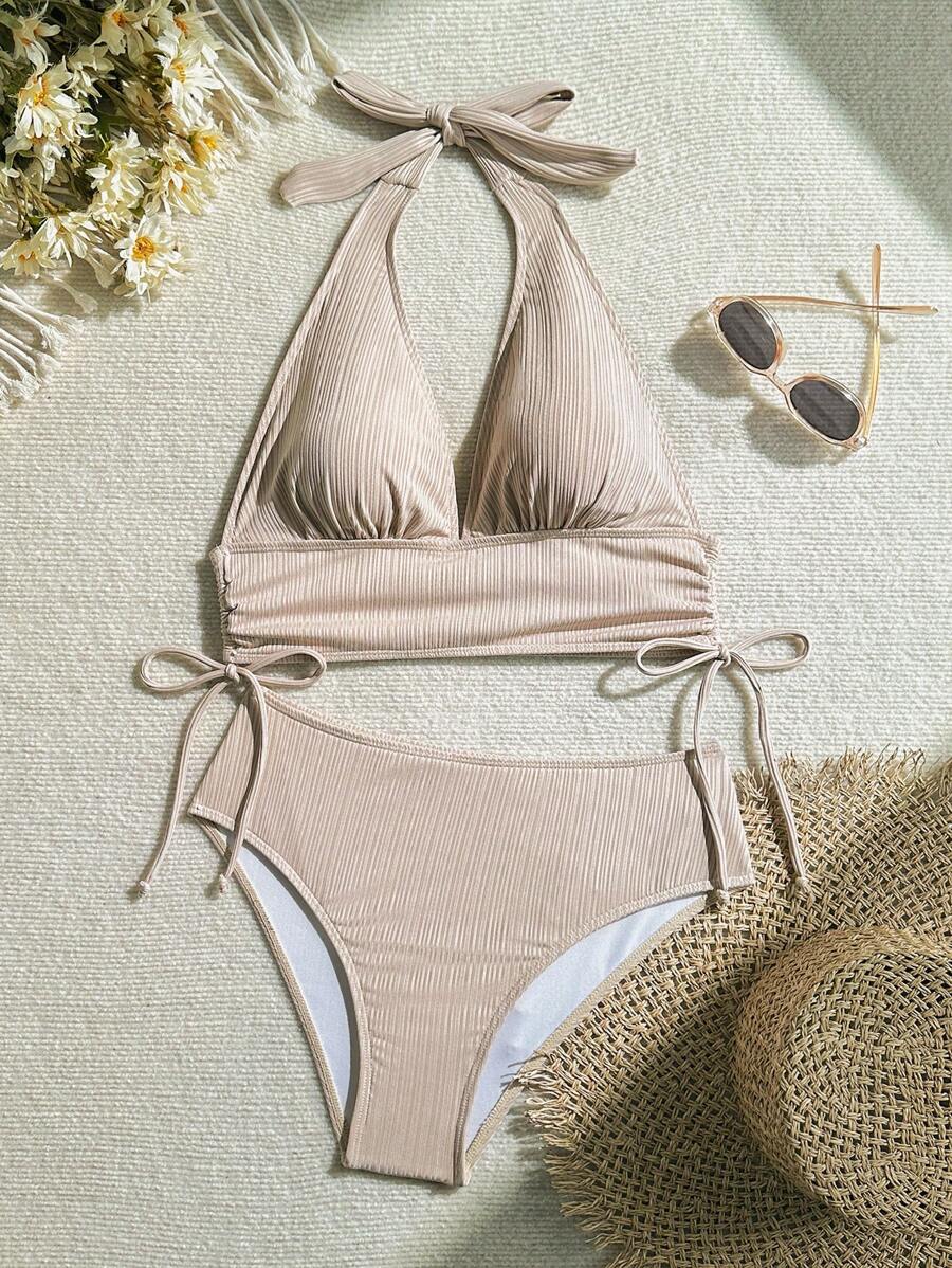 Swim Vcay Bathing Suits Women Women Solid Color Textured Drawstring Halter Top And Swim Bottom Bikini Set Bathing Suit, For Summer, Beach, Honeymoon, Travel, Vacation, Swimming Pool Summer Beach