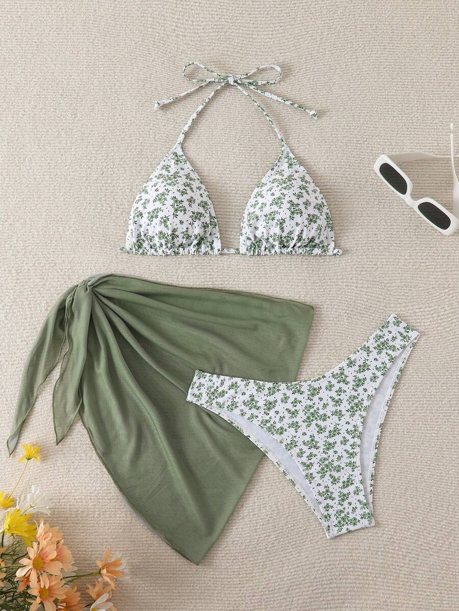 Women's 3-Piece Shell Print Bikini Set - V-Neck Halter, Triangle, Side Tie Skirt, Multicolor
