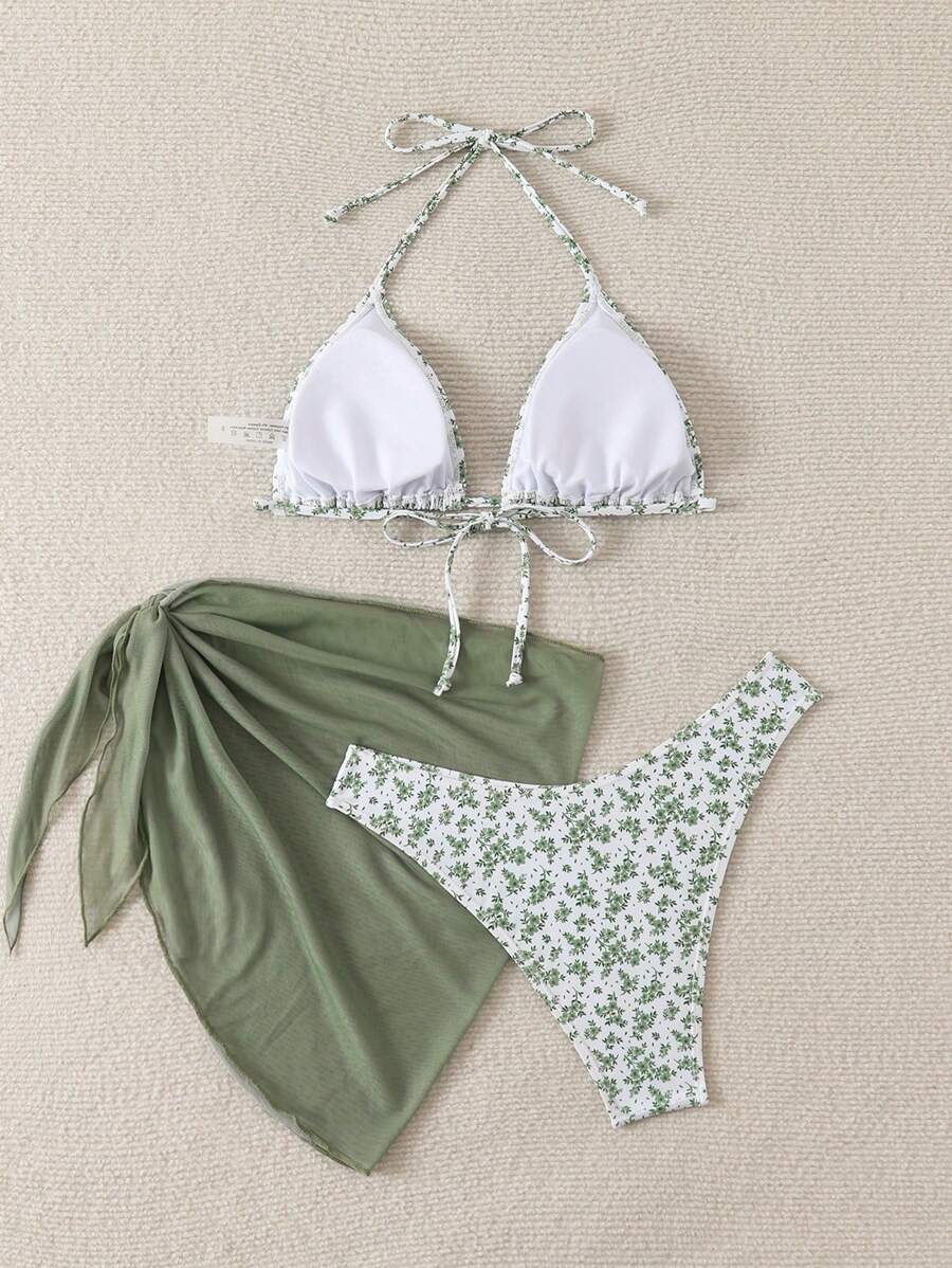 Women's 3-Piece Shell Print Bikini Set - V-Neck Halter, Triangle, Side Tie Skirt, Multicolor