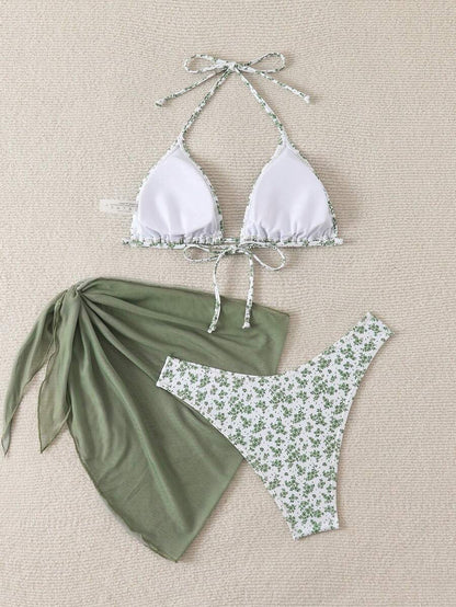 Women's 3-Piece Shell Print Bikini Set - V-Neck Halter, Triangle, Side Tie Skirt, Multicolor