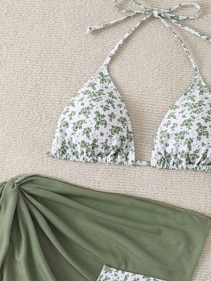 Women's 3-Piece Shell Print Bikini Set - V-Neck Halter, Triangle, Side Tie Skirt, Multicolor