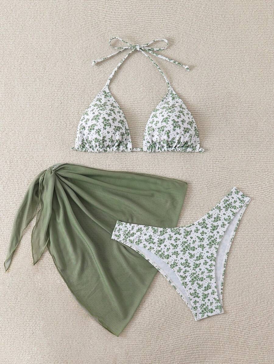 Women's 3-Piece Shell Print Bikini Set - V-Neck Halter, Triangle, Side Tie Skirt, Multicolor