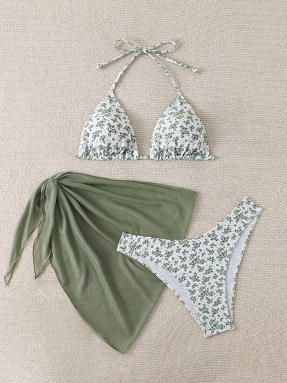 Women's 3-Piece Shell Print Bikini Set - V-Neck Halter, Triangle, Side Tie Skirt, Multicolor