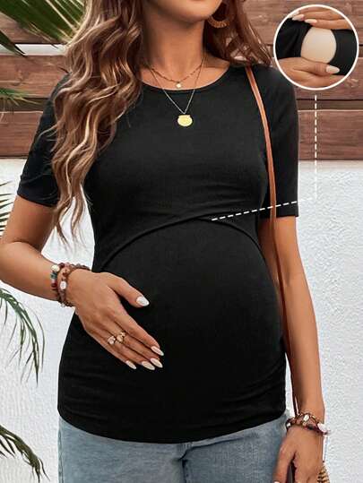 Black Crew Neck Short Sleeve Slim Fit Maternity Nursing Tee with Ruched Detail and Letter Print Knitted Fabric Casual Top