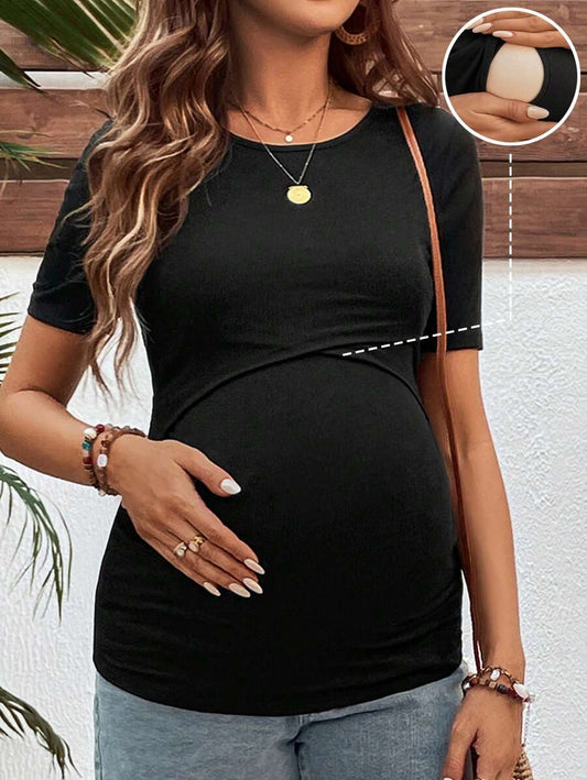 Black Crew Neck Short Sleeve Slim Fit Maternity Nursing Tee with Ruched Detail and Letter Print Knitted Fabric Casual Top