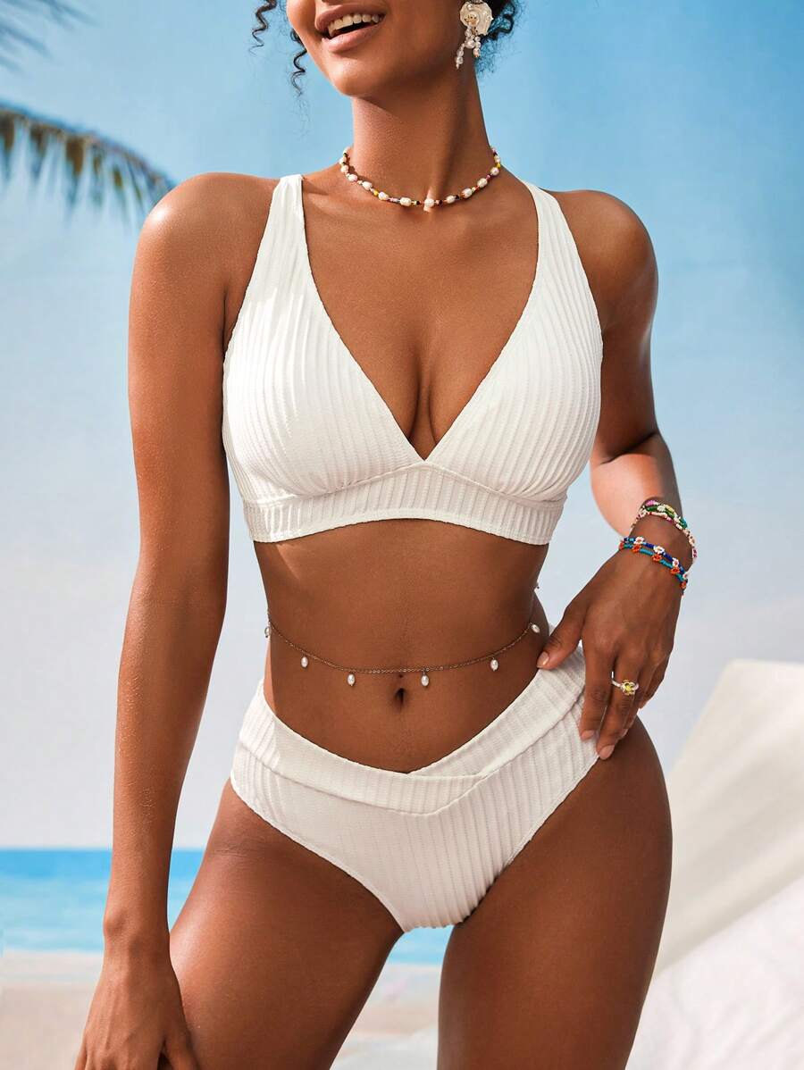 Women's V-Neck Textured Tankini Set - Ruched, Spaghetti Strap, High Waist, Multicolor