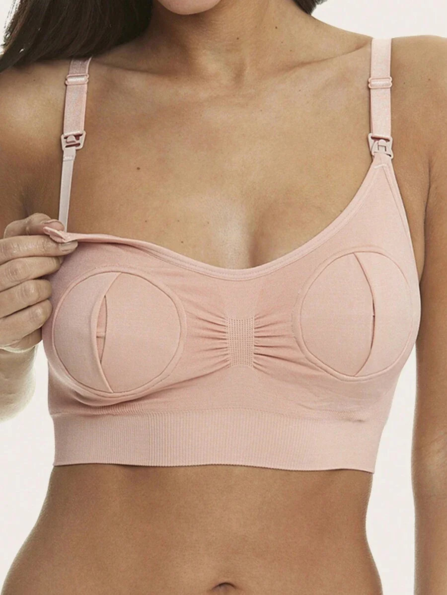 White Hands-Free Nursing Bra With Breast Pump, Front Clasp Maternity Breastfeeding Bra (Bottle Is A Prop)