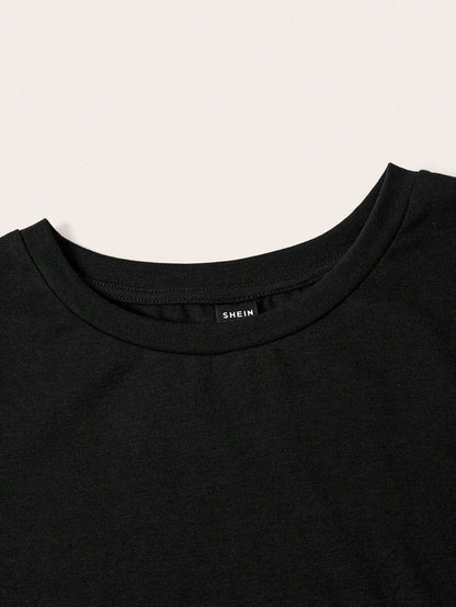 Black Slogan V Neck Ringer Tee - Slim Fit Short Sleeve Knitted Graphic T-Shirt - Soft Medium Stretch Casual Daily Basic Top