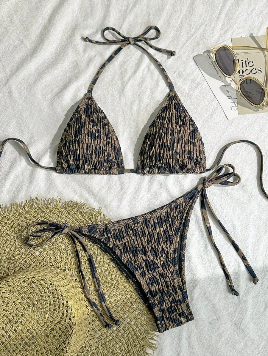 Swim Vcay Women's Ruched Tropical Print Halter Neck Tied Swimsuit And Bikini Set, Summer Beach Vacation