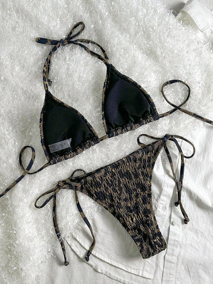 Women's 2-Piece Leopard Print Bikini Set - Ruffled Halter Strap, High Waist, Multicolor