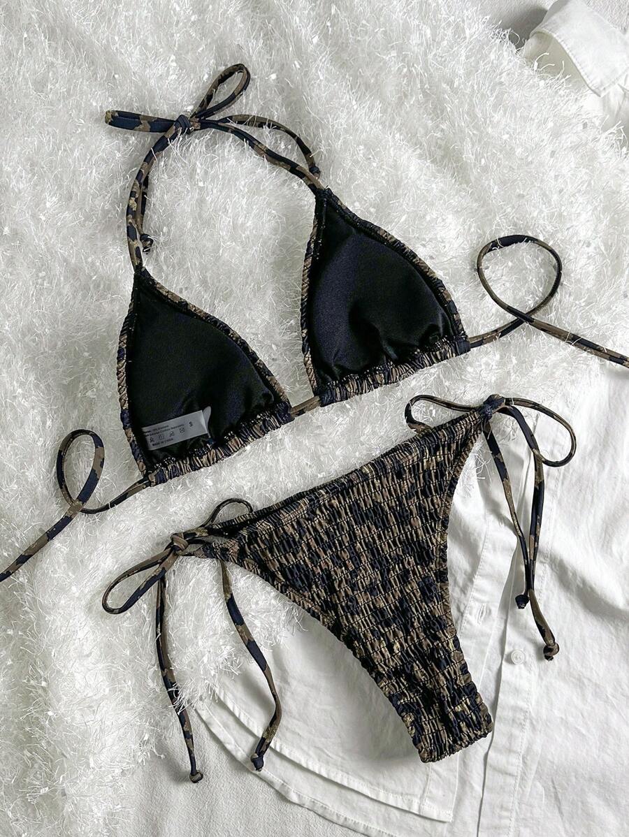 Swim Vcay Women's Ruched Tropical Print Halter Neck Tied Swimsuit And Bikini Set, Summer Beach Vacation