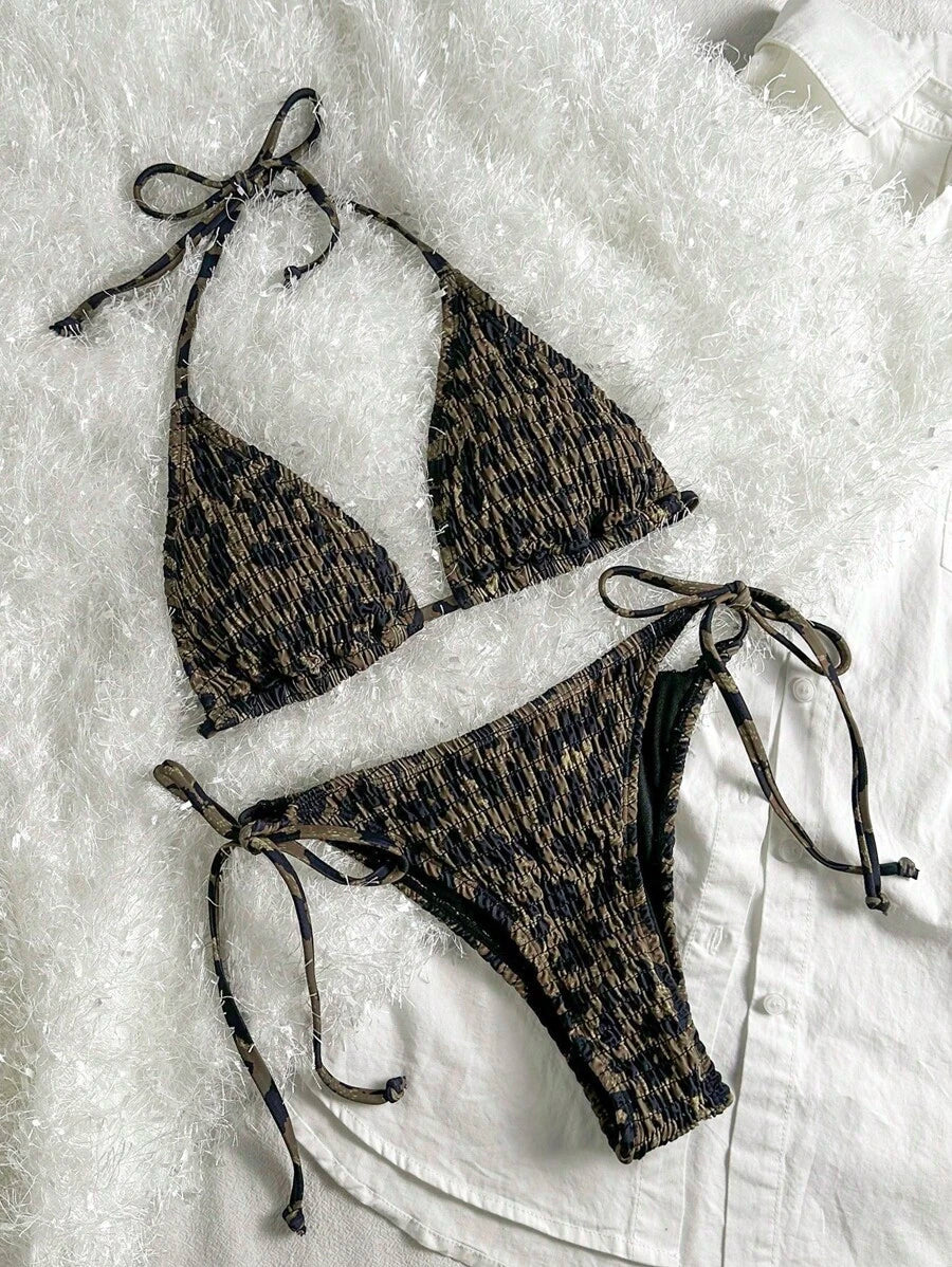 Women's 2-Piece Leopard Print Bikini Set - Ruffled Halter Strap, High Waist, Multicolor