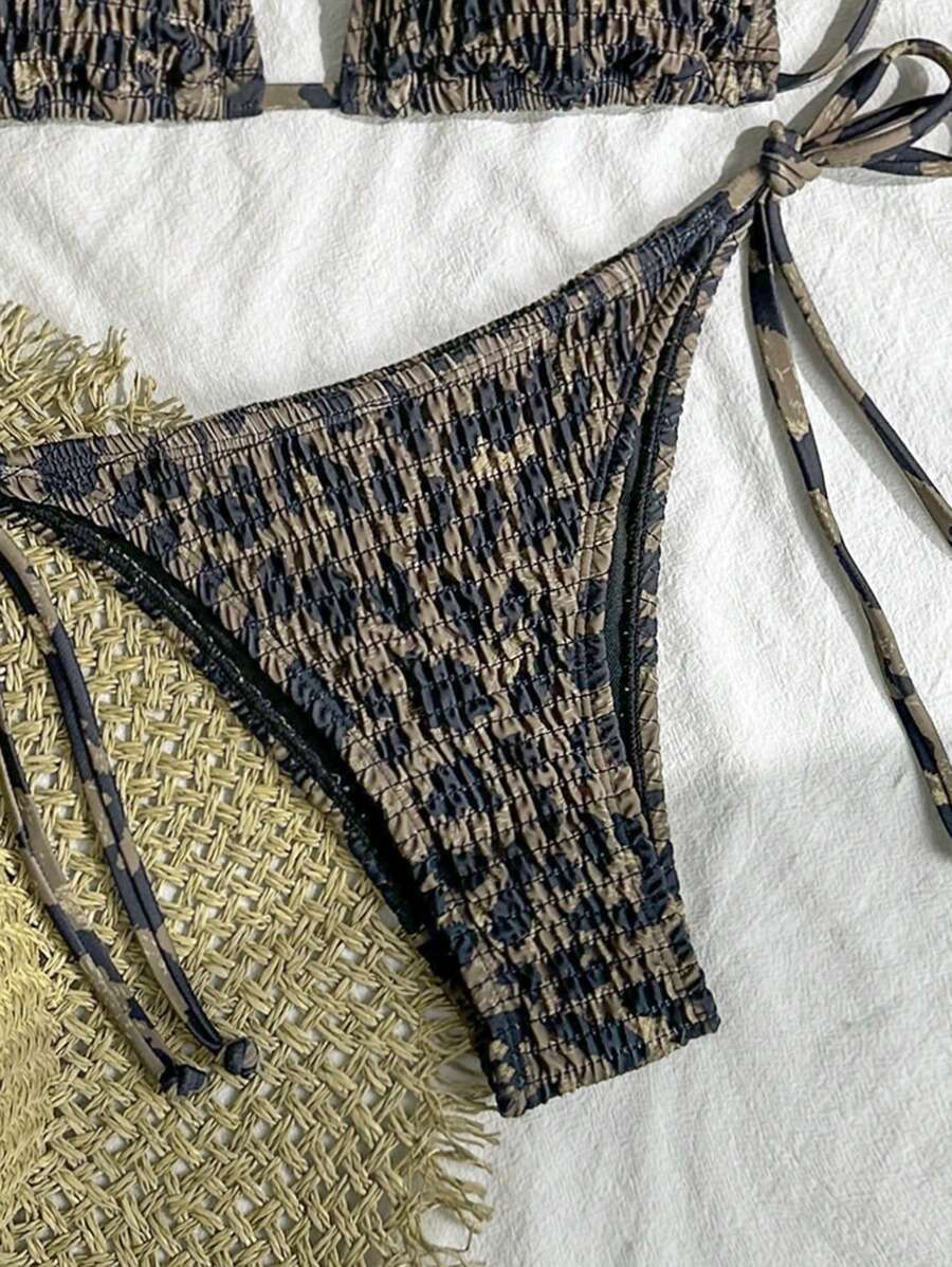 Women's 2-Piece Leopard Print Bikini Set - Ruffled Halter Strap, High Waist, Multicolor