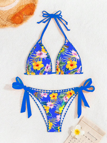 Swim Vcay Women's Tropical Plant Print Halter Neck Tie Sexy Bikini Set For Summer Beach, Random Print