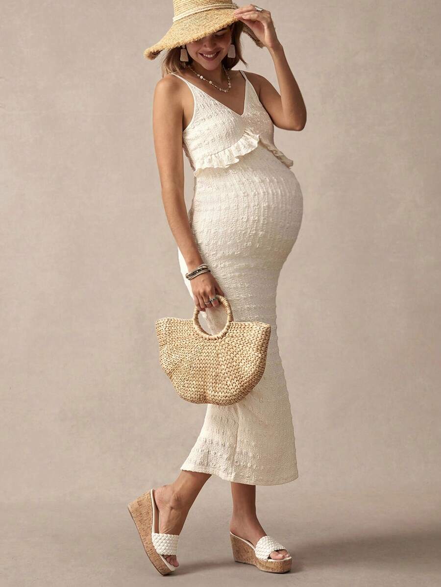 Khaki Striped Ruffled Slit Maternity Dress, Stylish For Dates, Maternity Wear, Maternity Dresses, Maternity-Friendly Clothing, Summer Maternity Wear, Best Maternity Wear, Beach Vacation, Summer Leisure Vacation.