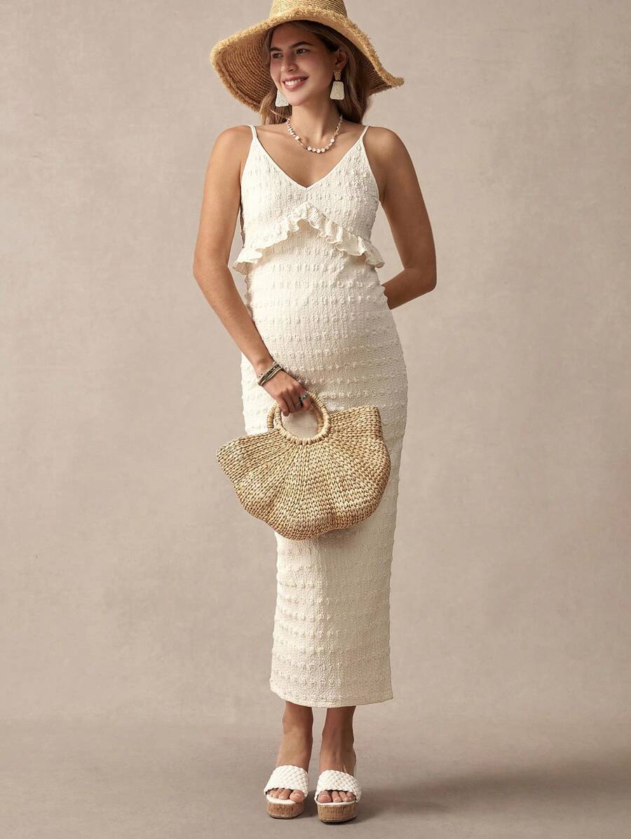 Khaki Striped Ruffled Slit Maternity Dress, Stylish For Dates, Maternity Wear, Maternity Dresses, Maternity-Friendly Clothing, Summer Maternity Wear, Best Maternity Wear, Beach Vacation, Summer Leisure Vacation.