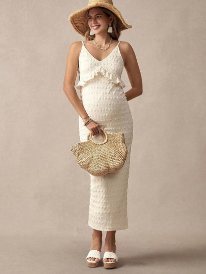 Khaki Striped Ruffled Slit Maternity Dress, Stylish For Dates, Maternity Wear, Maternity Dresses, Maternity-Friendly Clothing, Summer Maternity Wear, Best Maternity Wear, Beach Vacation, Summer Leisure Vacation.