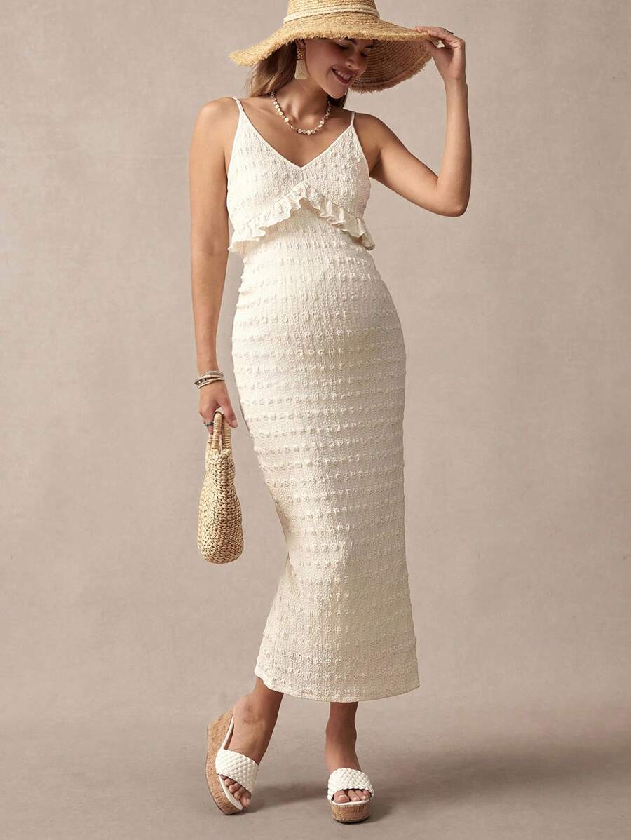 Khaki Striped Ruffled Slit Maternity Dress, Stylish For Dates, Maternity Wear, Maternity Dresses, Maternity-Friendly Clothing, Summer Maternity Wear, Best Maternity Wear, Beach Vacation, Summer Leisure Vacation.